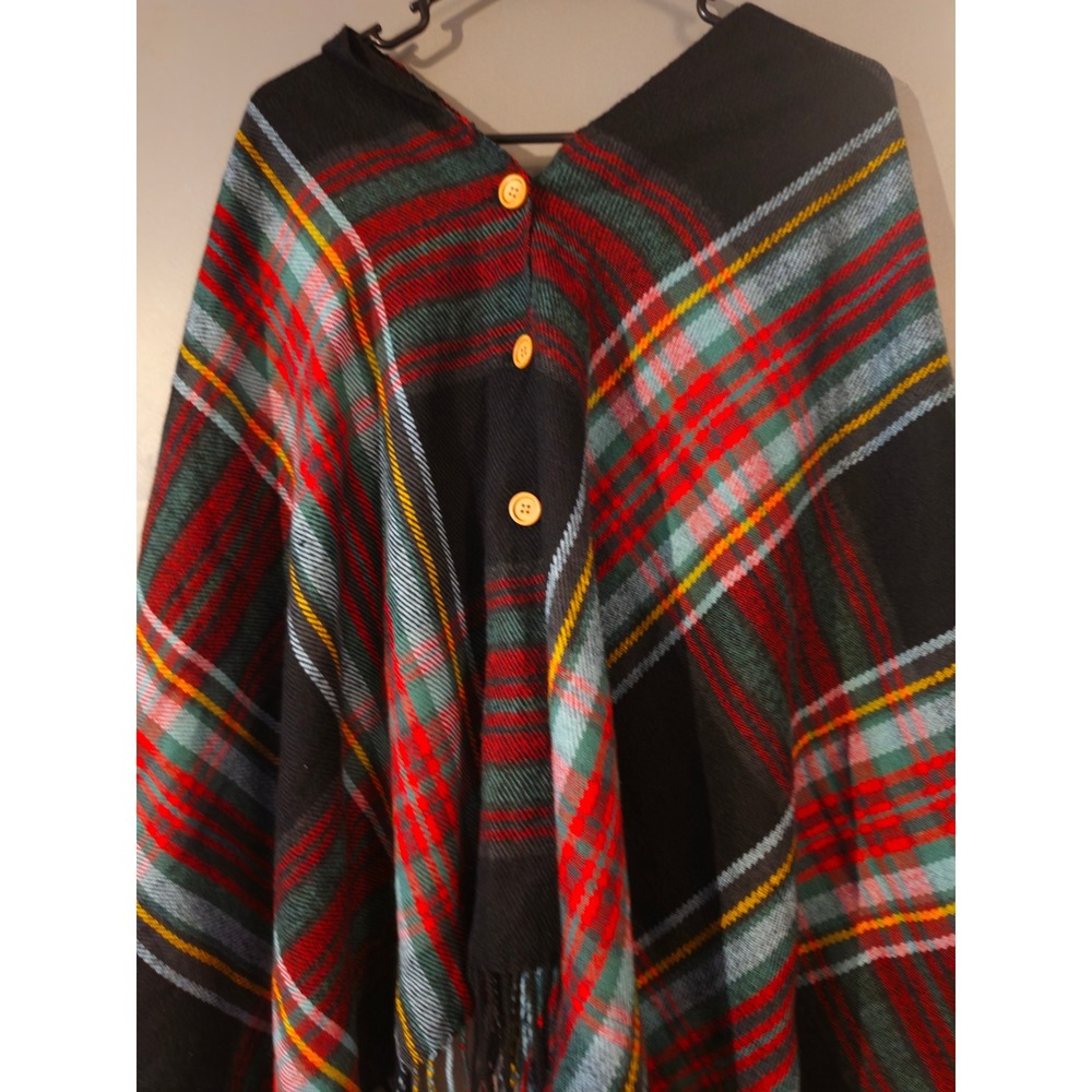 Top It Off Plaid Poncho Wrap Black Red Blue Tartan Button Front Fringed Shawl